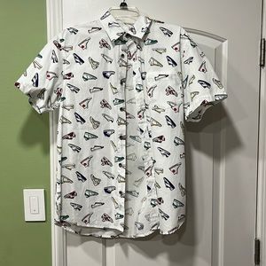 Brand new button up shirt with shoes all over it